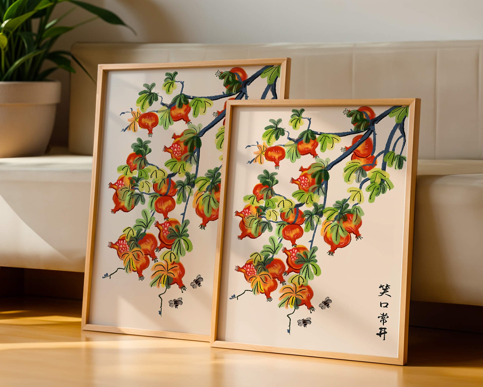 Artistic illustration of vibrant pomegranates on a branch with Asian aesthetic