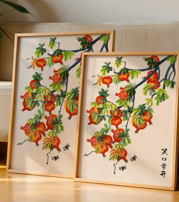 Artistic illustration of vibrant pomegranates on a branch with Asian aesthetic