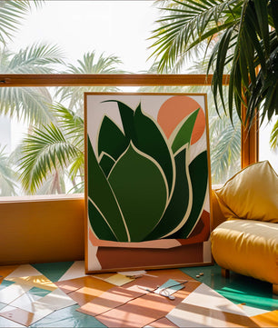 Ilustración contemporánea de una planta serpiente con fondo de amanecer