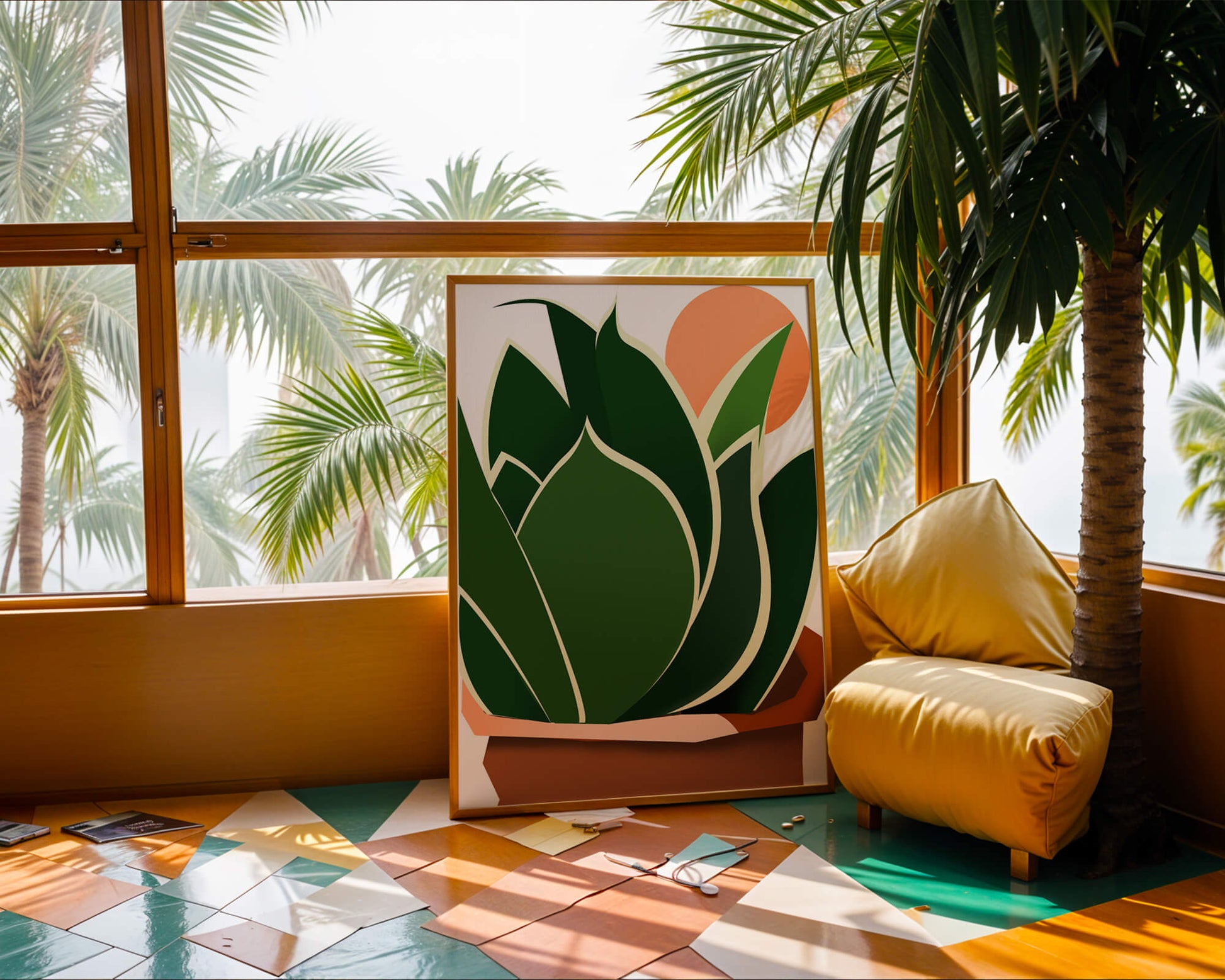 Ilustración contemporánea de una planta serpiente con fondo de amanecer