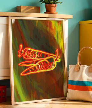 Abstract art featuring neon carrots on a colorful background