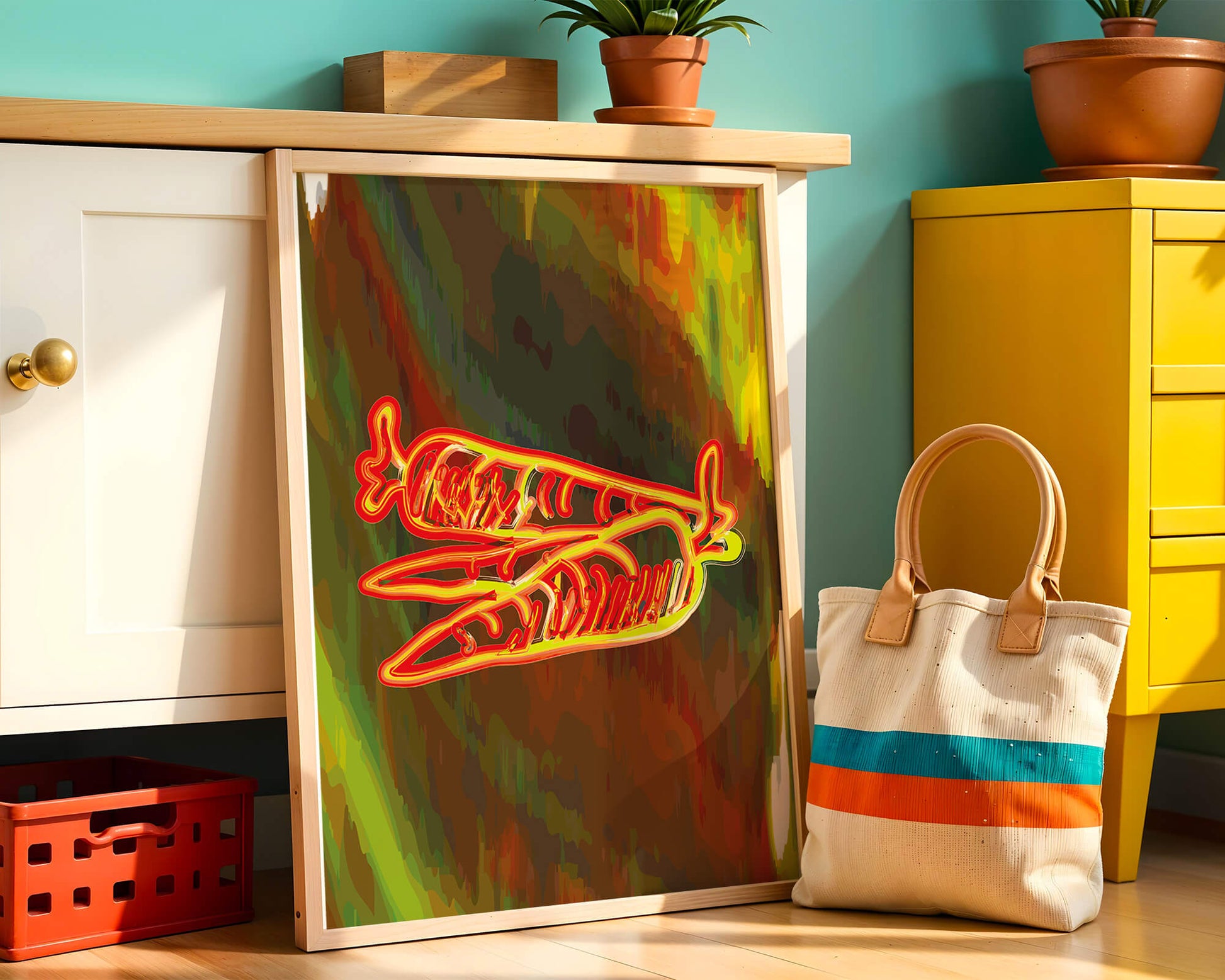 Abstract art featuring neon carrots on a colorful background