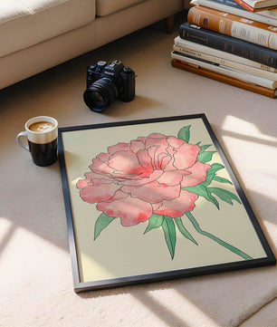 Delicate Pink Peony with Green Leaves Illustration