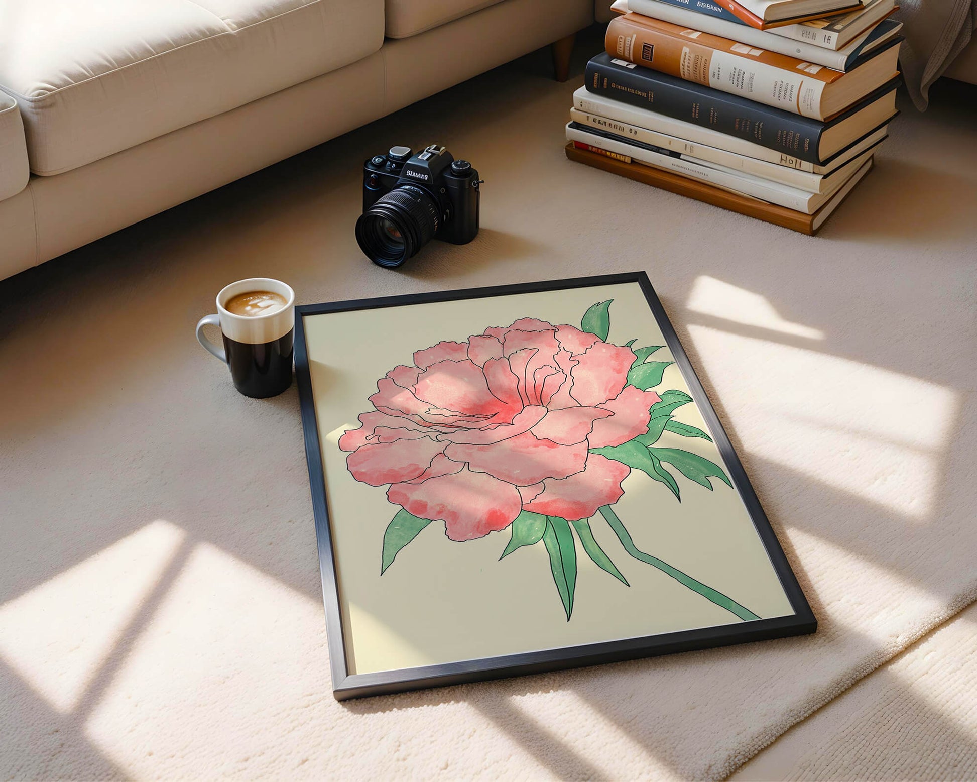Delicate Pink Peony with Green Leaves Illustration