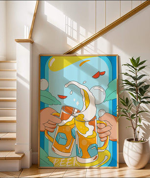 Colorful Illustration of Two Clinking Beer Mugs with Ice Cubes and Citrus Slices