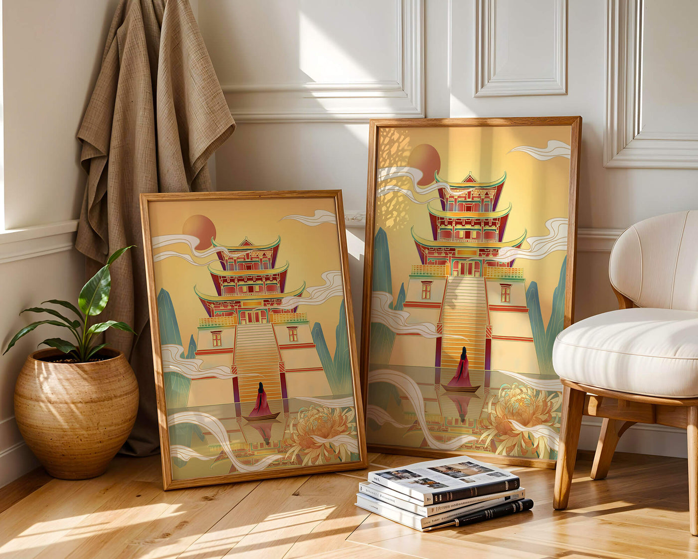 Ancient temple with serene landscape and vibrant colors artwork