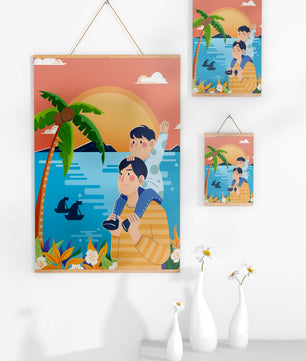 Un père et son fils profitent d’un coucher de soleil tropical avec des palmiers et des bateaux.