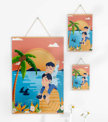 Father and son enjoying a tropical sunset with palm trees and boats