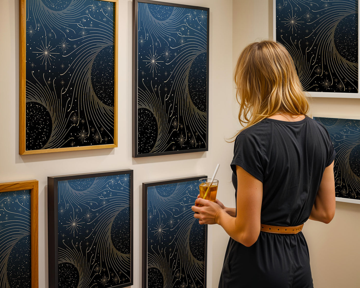 Elegant starry night with golden cosmic swirls