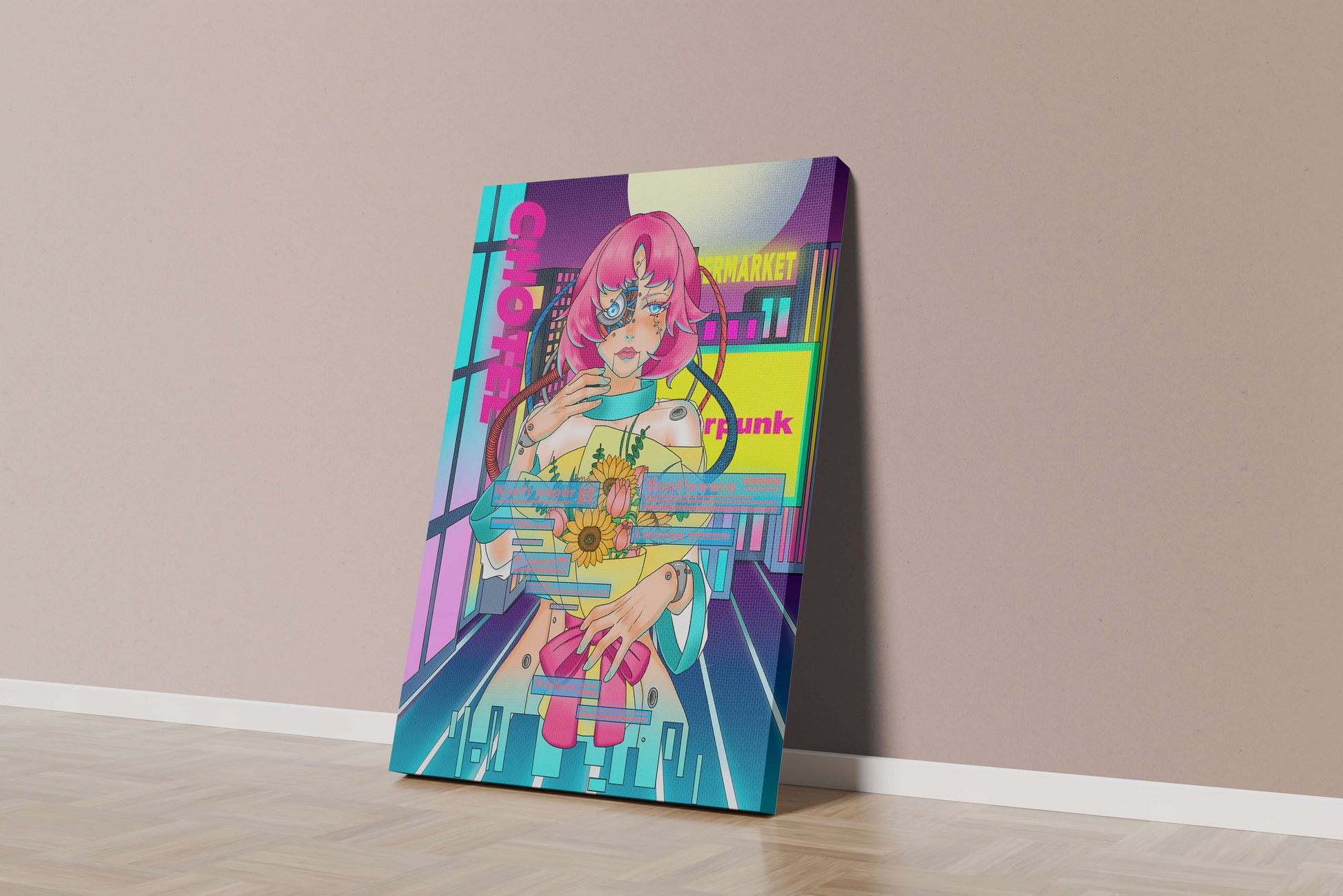Futuristic cyberpunk woman with a bouquet of flowers in a neon cityscape