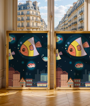 Poisson de dessin animé flottant au-dessus d'une ville nocturne avec des étoiles