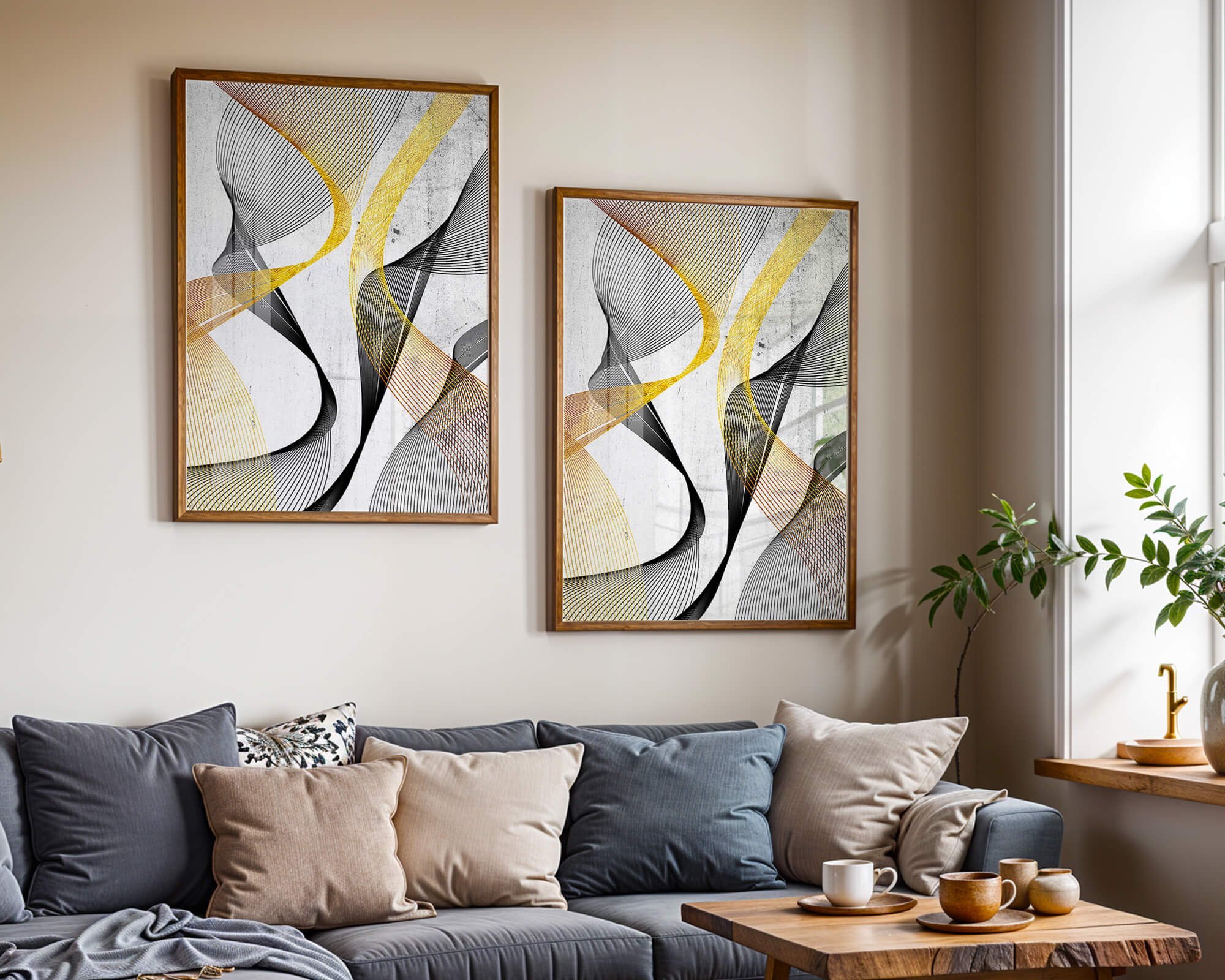Abstract dynamic lines with golden and black swirls on textured background
