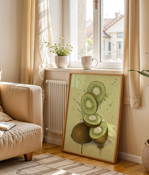 Watercolor illustration of sliced kiwi fruit with splashes