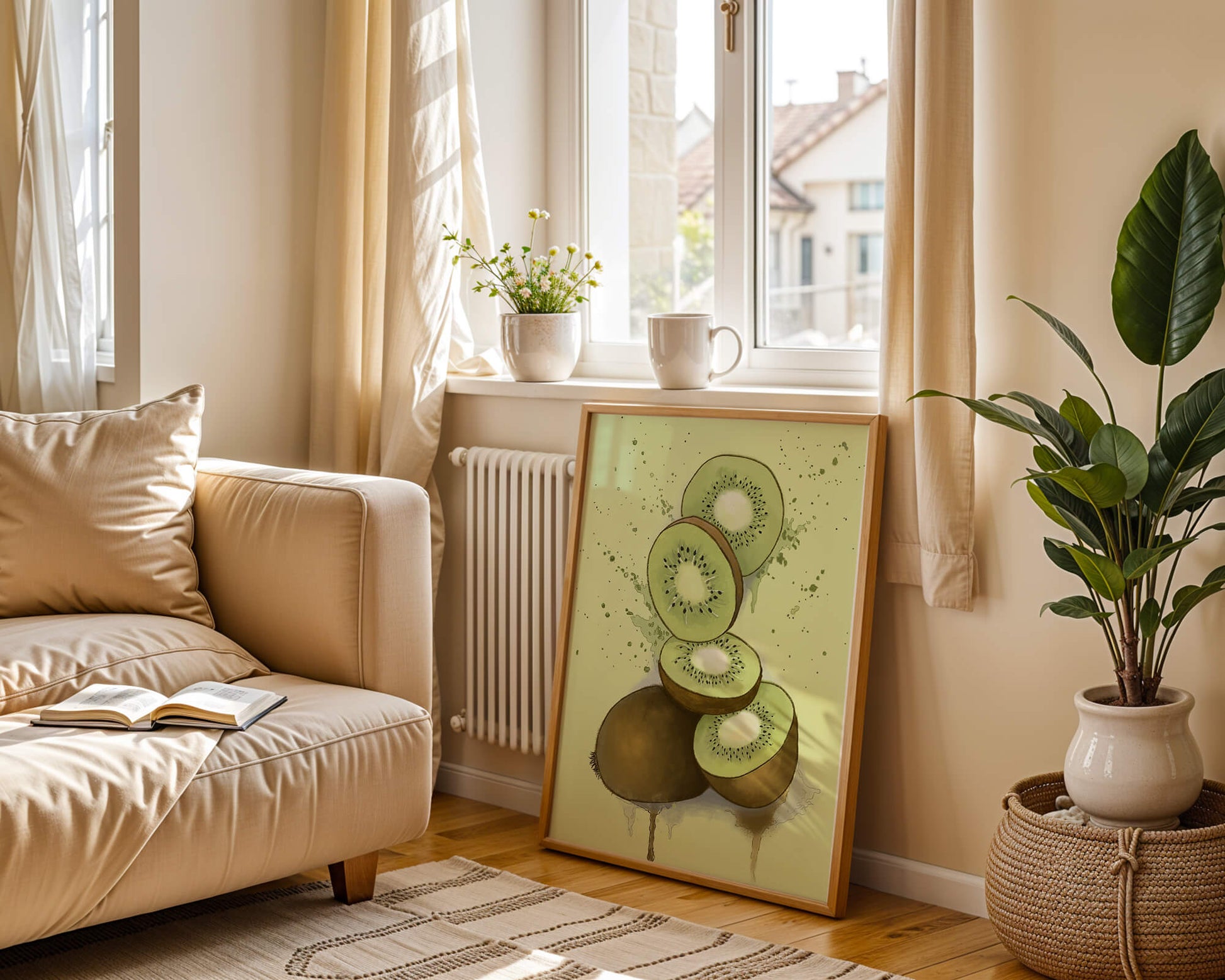 Watercolor illustration of sliced kiwi fruit with splashes