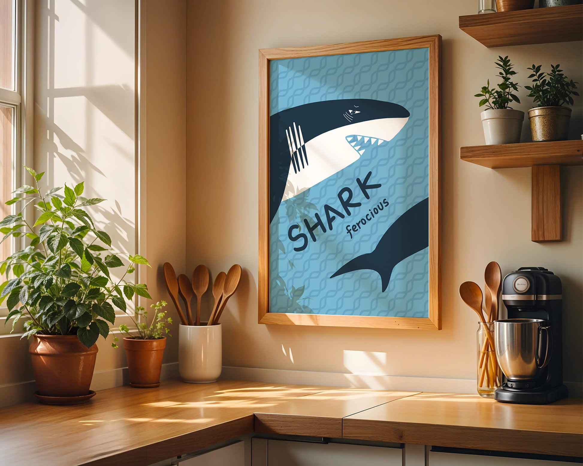 Illustrated shark graphic with blue background and typography