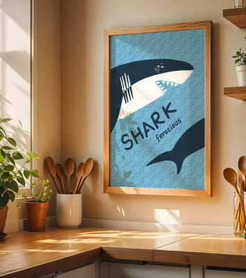 Illustrated shark graphic with blue background and typography
