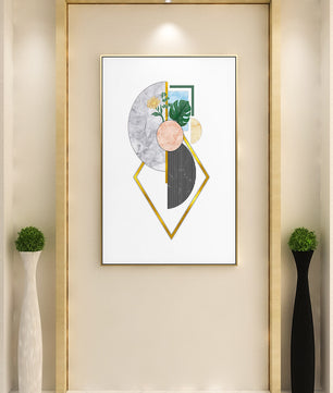 Arte geométrico abstracto con acentos florales y dorados