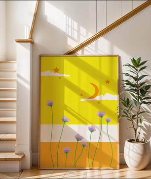 Illustrative landscape with crescent moon, stars, and flowers