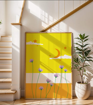 Illustrative landscape with crescent moon, stars, and flowers
