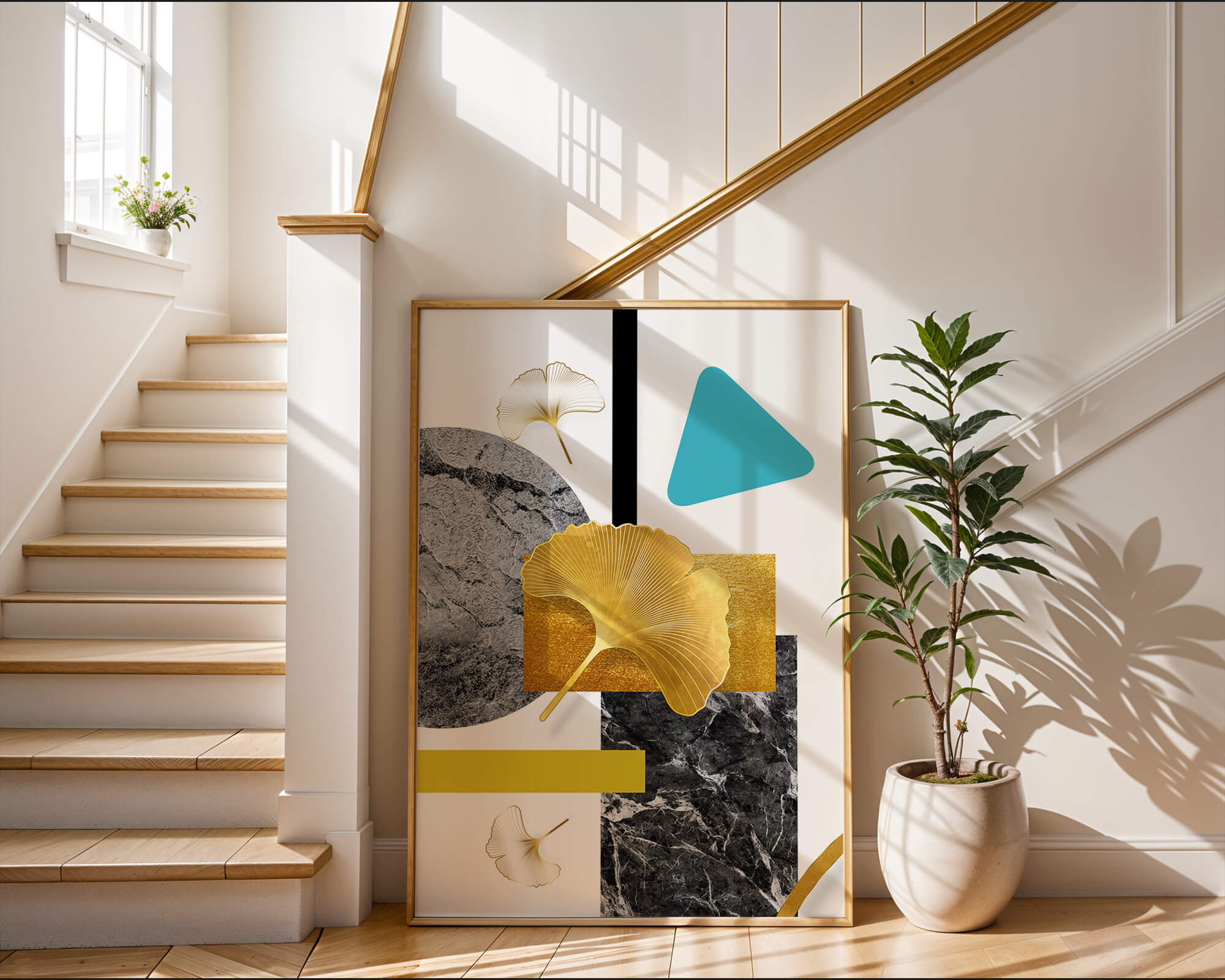 Geometric Abstract Composition with Gold Ginkgo Leaves