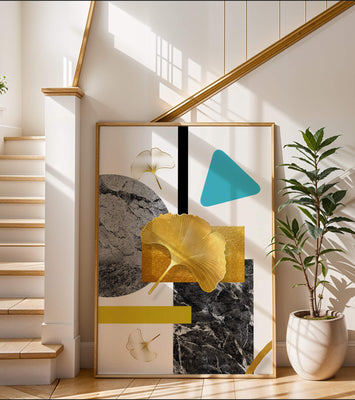 Geometric Abstract Composition with Gold Ginkgo Leaves