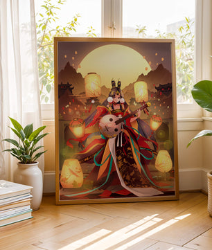 Elegant musician with traditional attire under lanterns and mountains