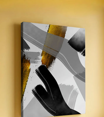Abstract art piece with gold and black brushstrokes on a gray background
