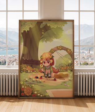 Charming anime-style scene with young girl, flowers, and nature background