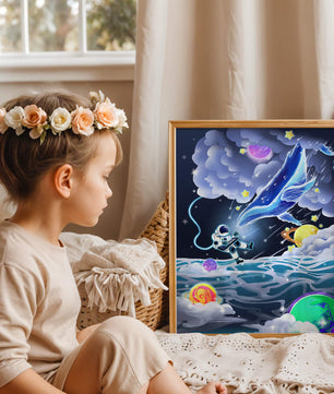 Astronaut Exploring a Surreal Cosmic Ocean with a Glowing Whale