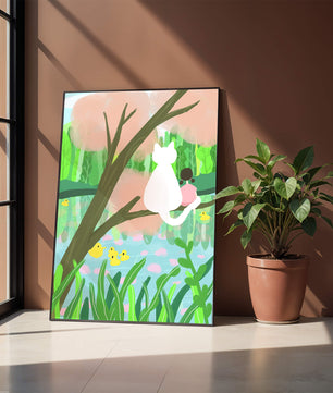 Encantadora ilustración al pastel de una niña y un gato junto a un estanque tranquilo
