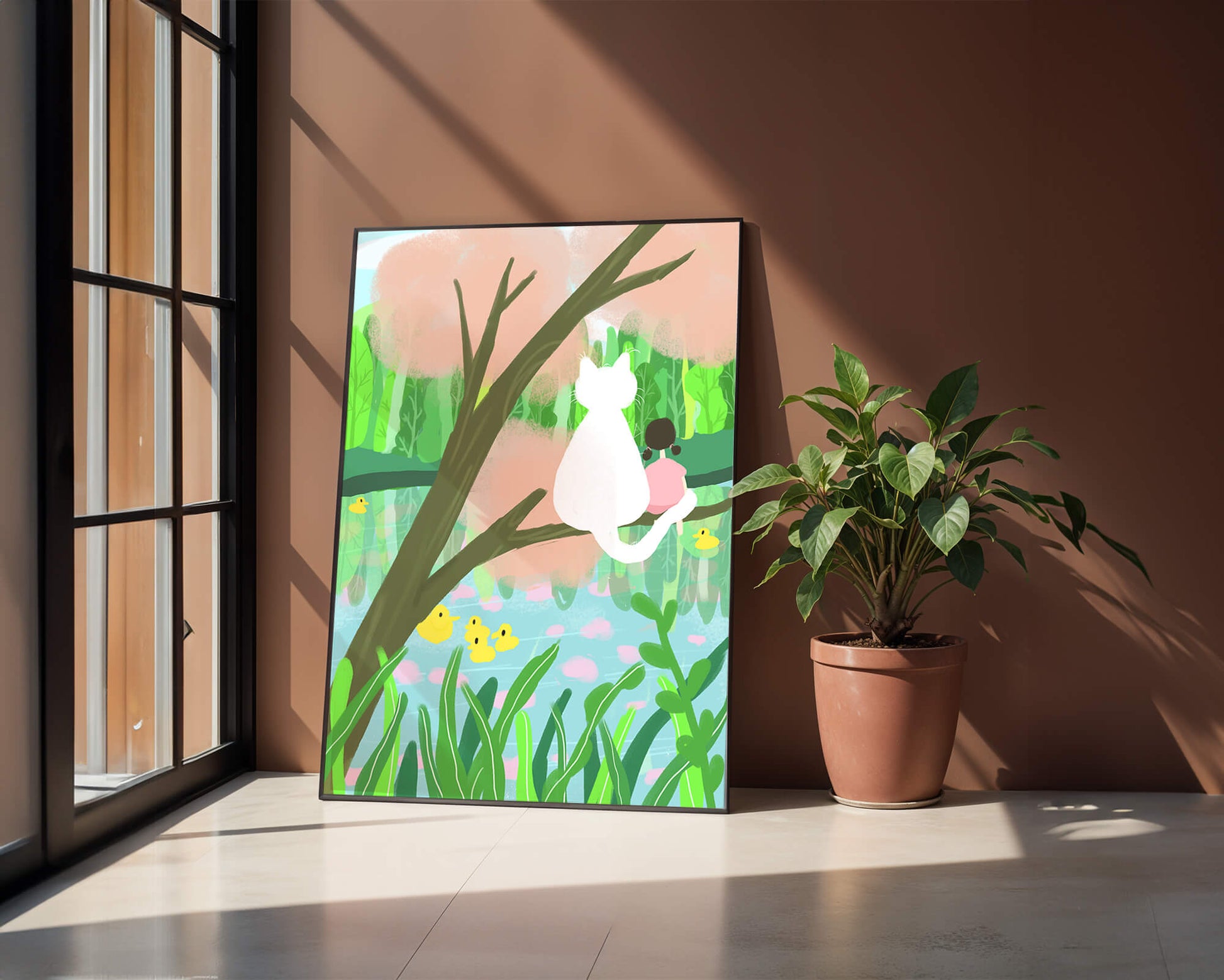 Charming Pastel Illustration of Girl and Cat by a Tranquil Pond