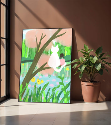 Charming Pastel Illustration of Girl and Cat by a Tranquil Pond