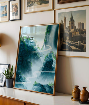 Serene mountain landscape with a pavilion and waterfall