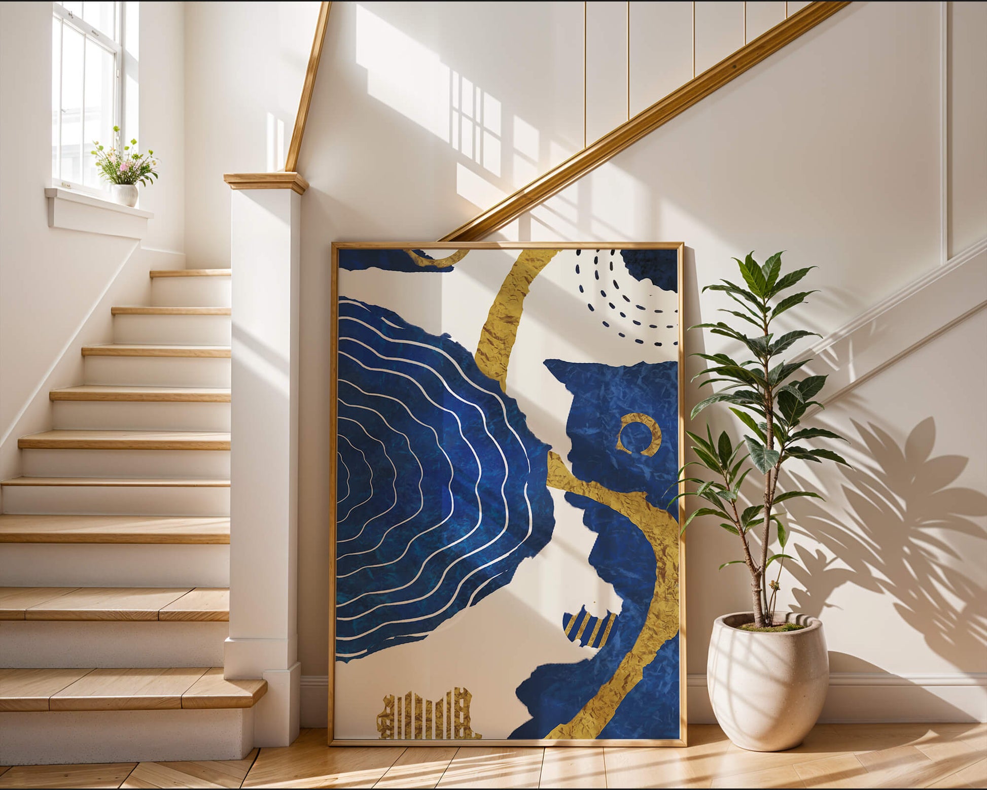 Diseño abstracto ondulado azul y dorado con patrones geométricos