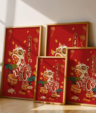 Ilustración de la danza del león china tradicional con elementos festivos