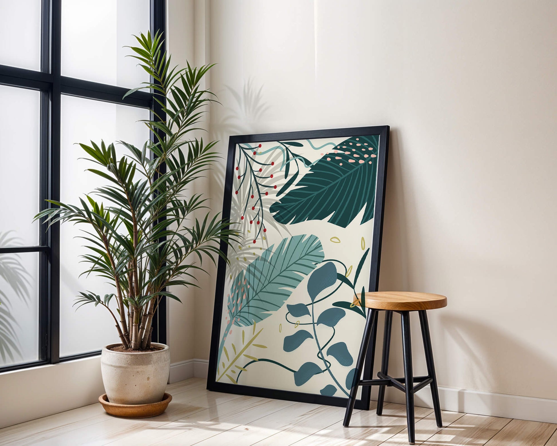 Abstract Botanical Illustration with Colorful Leaf Patterns