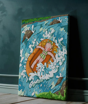 Adventurous raft ride down a vibrant cartoon river with character