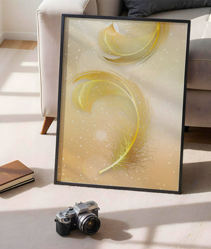 Elegant golden feather design with shimmering background