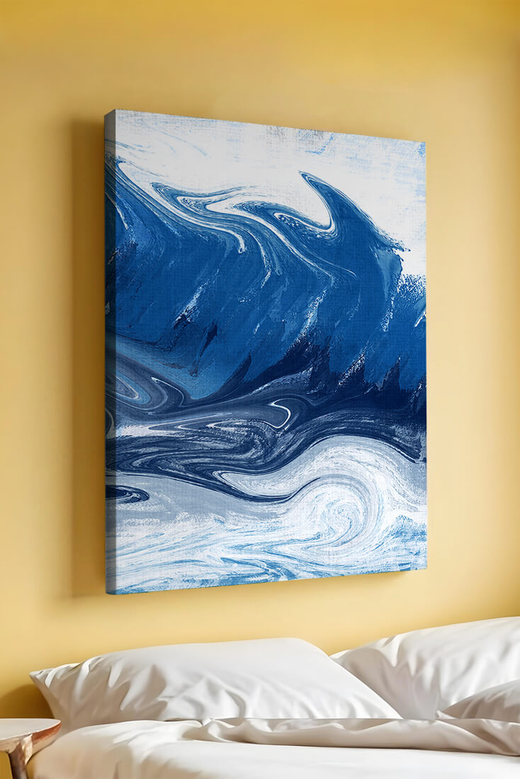 Abstract blue and white ocean wave painting with swirling patterns