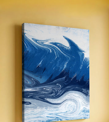 Abstract blue and white ocean wave painting with swirling patterns