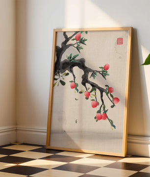 Asian ink painting featuring cherry blossoms on a textured background