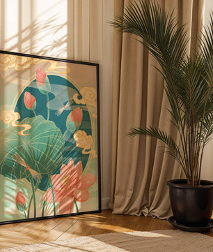 Ruhiges orientalisches Lotus-Design mit Libellen und Wolken