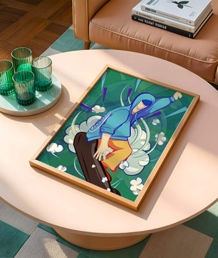 Ilustración abstracta colorida de una persona en movimiento con tonos azules y verdes