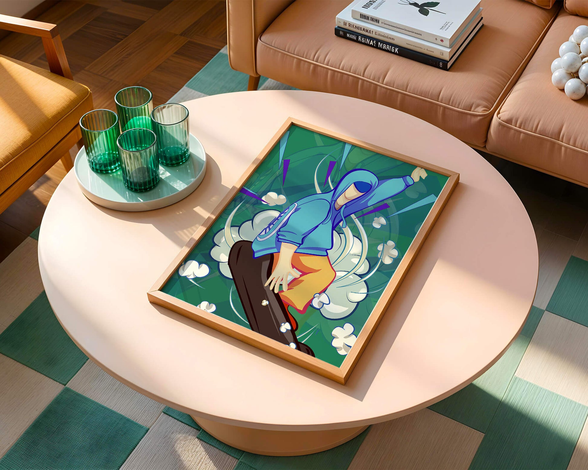 Ilustración abstracta colorida de una persona en movimiento con tonos azules y verdes