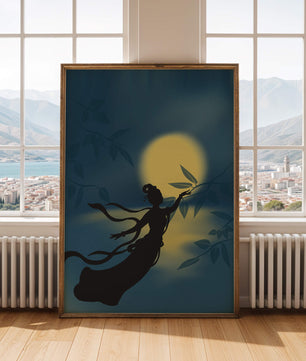 Silhouette of a Woman Reaching for Leaves in Front of a Full Moon