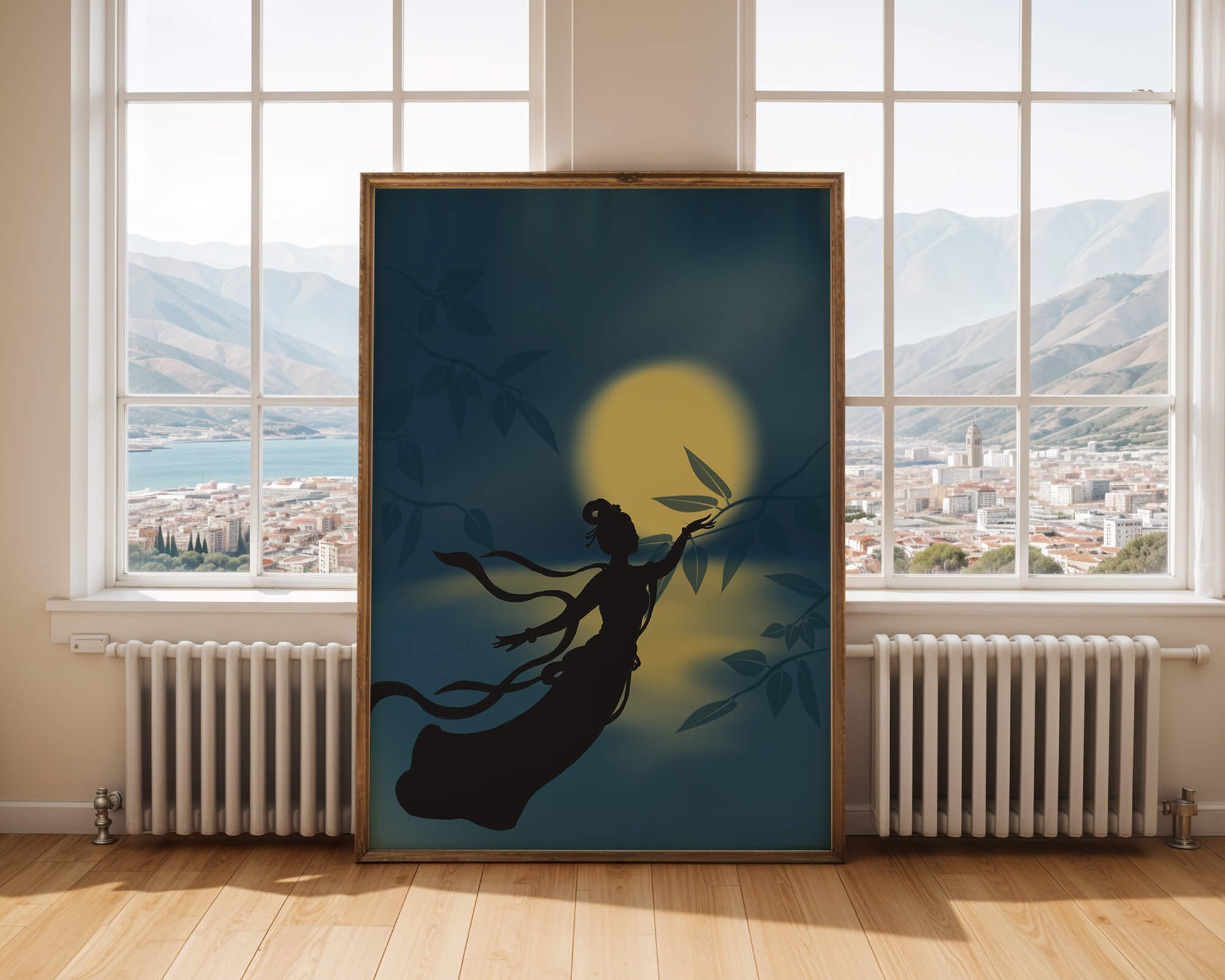 Silhouette of a Woman Reaching for Leaves in Front of a Full Moon