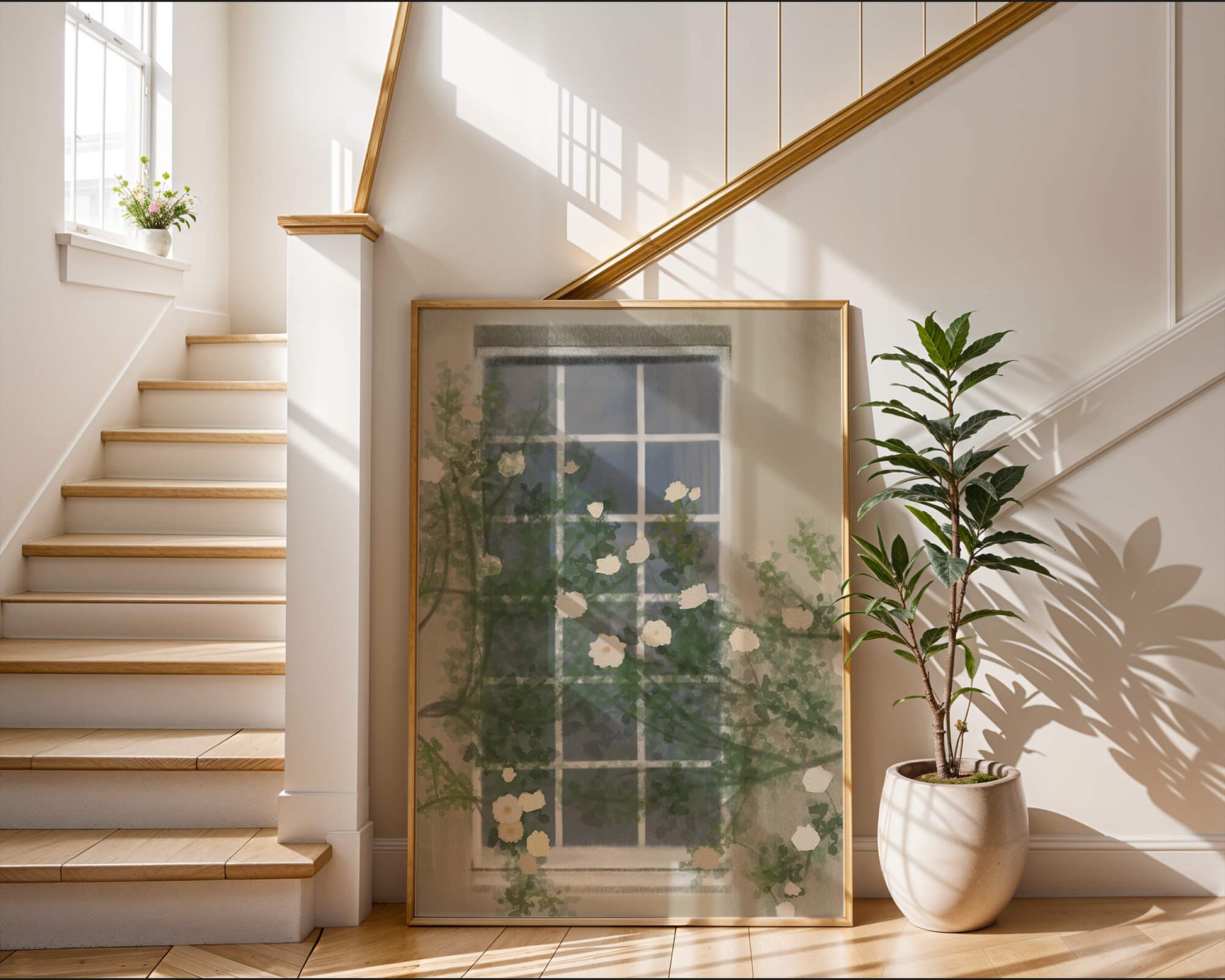 Floral Window with Climbing Roses in a Tranquil Setting
