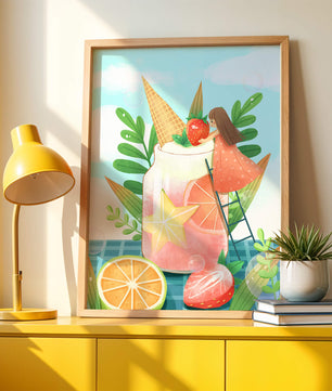 Bezaubernde Sommergetränk-Illustration mit Früchten, Blättern und einem Kind