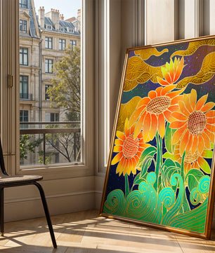 Vibrant sunflowers with intricate background patterns