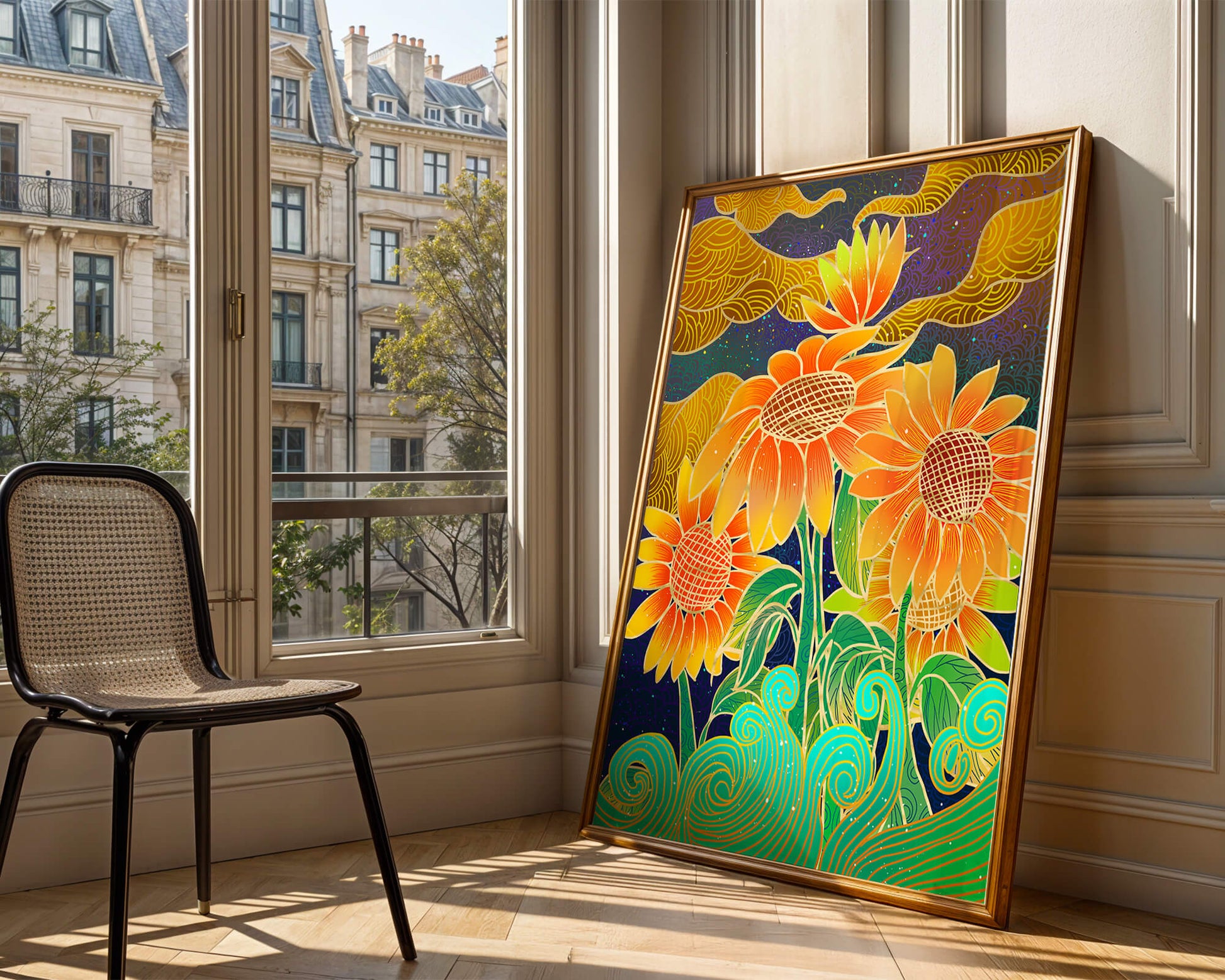 Vibrant sunflowers with intricate background patterns